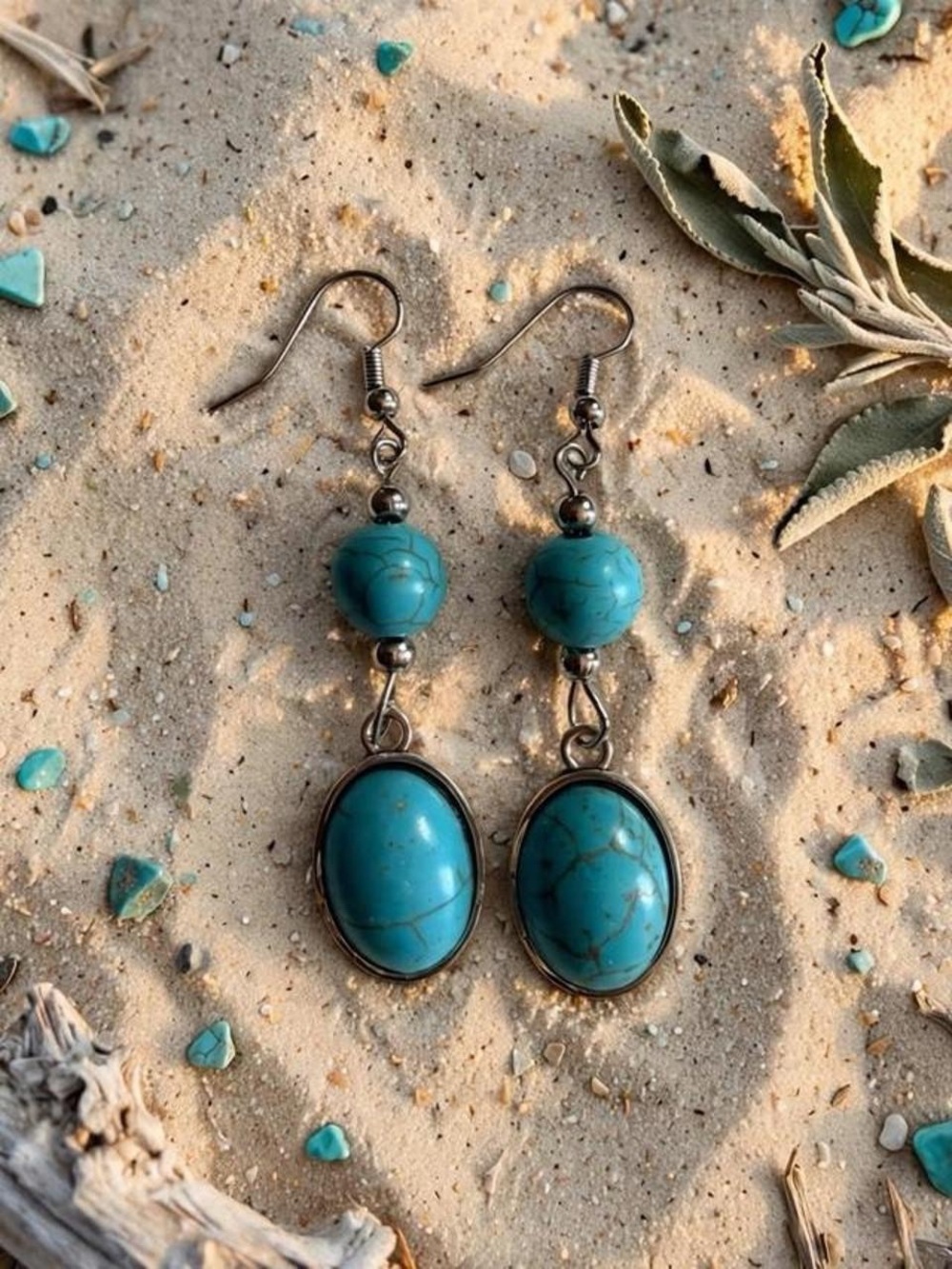 Desert Souls Double Oval Turquoise Western Dangle Earrings NWT